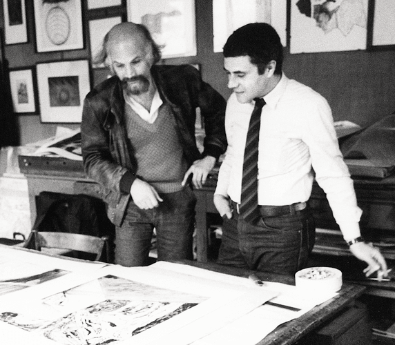 Jörg Schellmann and Mimmo Paladino at Giorgio Upiglio’s print workshop in the 1980s